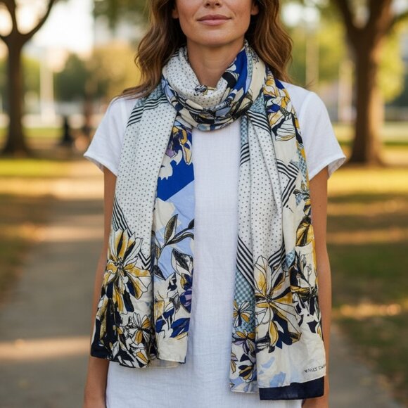 Vince Camuto Blue Gold Modern Abstract Silk Scarf 34 x 34 - Picture 1 of 10